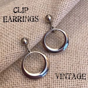 Vintage Circle Dangle Clip Earrings Silvertone